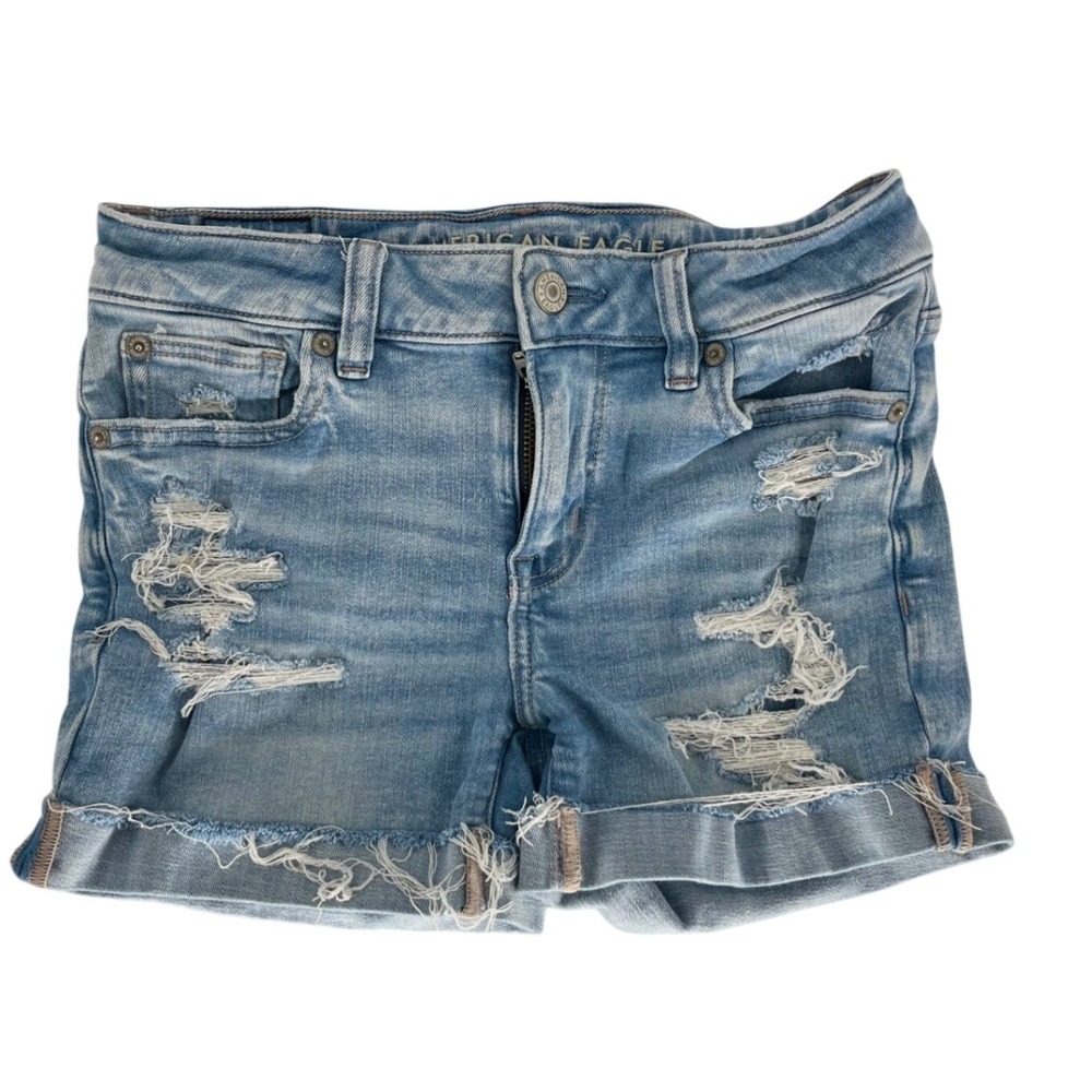 American Eagle Next Level Stretch Distressed Denim Shorts Light‎ Wash Blue Sz 2